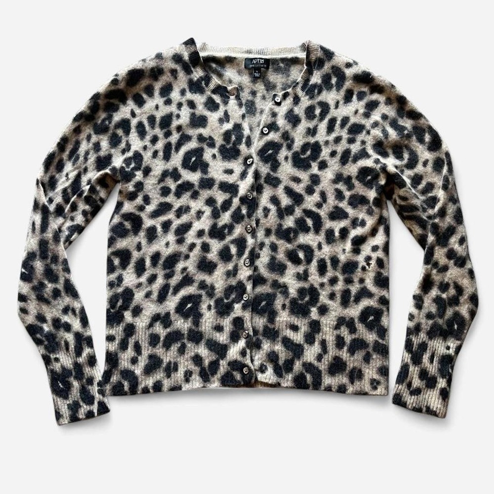 Apt. 9 Womens Leopard Print 100% Cashmere Cardigan Sweater Brown Tan Size L